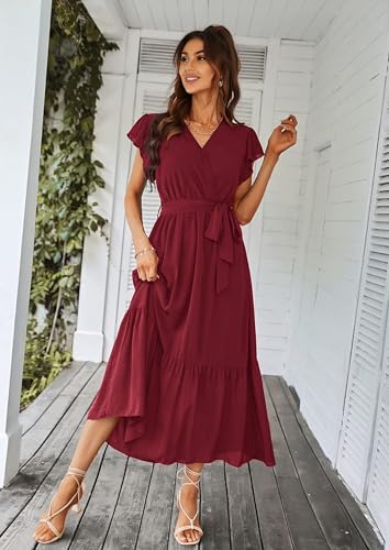 Image of PRETTYGARDEN Women's Summer Floral Boho Maxi Dress | Short Sleeve Wrap V Neck, Long Flowy Ruffle Dresses, Spring Wedding Guest Outfits for Beach Vacation, Resort Wear, Tea Party