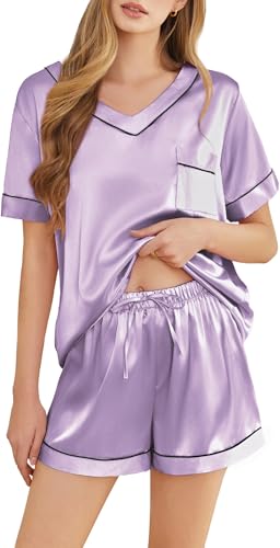 Image of Silk Pajamas for Women Short Sleeve Satin 2 Piece Pj Set Soft V Neck Sleepwear Loungewear, S-XXL
