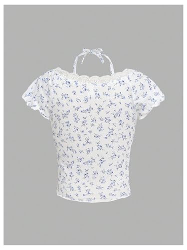 OYOANGLE Girl's Ditsy Floral Print Ruched Short Sleeve Tee Shirt Lace Trim Slim Fitted Halter Top2