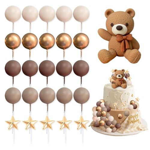 HMCEY 26 Stück Tortendeko Teddybär,Kuchen Deko Geburtstag Kugeln,Teddy Bear Cake Topper,Baby Shower Kuchendekoration Bär,Tortenaufleger Deko,Cupcake Dekoration für Jungen, Mädchen - Dunkelbraun