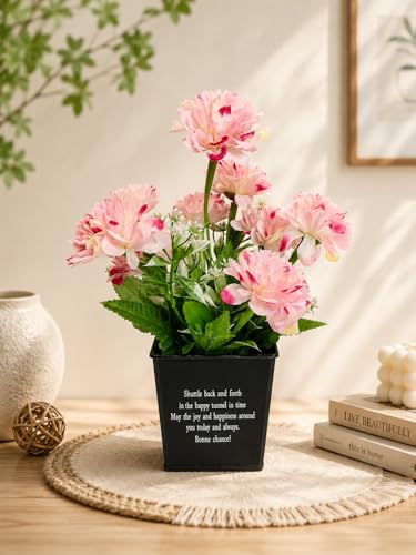 Image of Artificial Pink Carnation Flower Arrangement in Black Metal Pot, Inspirational Quote, Home Decor