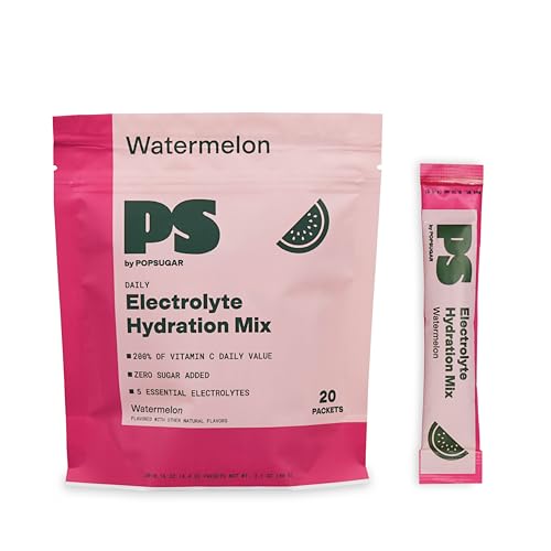 Image of POPSUGAR Electrolyte Hydration Drink Mix Packets, 20 Single-Serve Packs (Watermelon), Zero Sugar Electrolytes Powder, Naturally-Flavored Water Enhancer, Non-GMO Powdered Drink Mix with Vitamin C