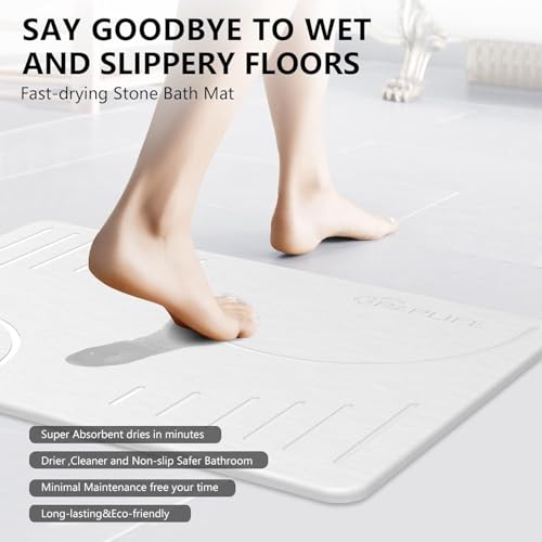 Image of SUTERA Rubber- Stone Bath Mat, Diatomaceous Earth Shower Rectangular Shape Mat, Non-Slip Super Absorbent Quick Drying Bathroom Floor Mat, Natural, Easy to Clean (Light White D Sharpe)