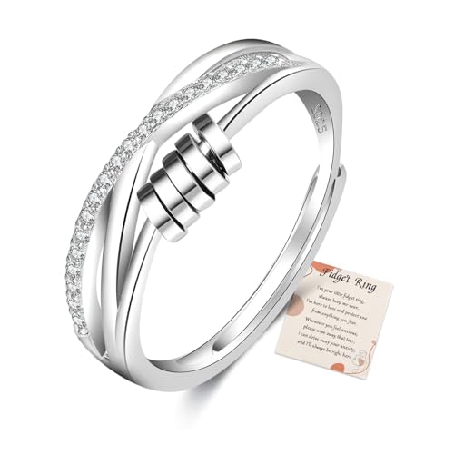 PABBEU Anxiety Ring for Women 925 Sterling Silver Fidget Ring With Cubic Zircon Adjustable Stress Spinner Anxiety Ring for Women