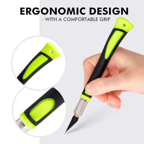 Image of FOSHIO Precision Exacto Knife Set, 2 Pack Craft Knife with Extra 20 Exacto Blades, Hobby Knife Set with Protective Cover Rubber Handle for Crafts, Arts, Stencil, Modeling, Trimming, Carving (Green)