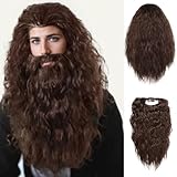 GNIMEGIL Halloween Costume Wigs for Men Long Fluffy Jesus Beard and Wig Christmas Fake Beard Mustache Wigs Elderly Anime Hagrid Cosplay and Theme Parties Forrest Gump Costume