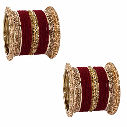 Image of NMII Non-Precious Metal with Base Metal and Studded with Zircon Gemstone Glossy Finished Traditional Velvet Bangle Chuda set for Women and Girls