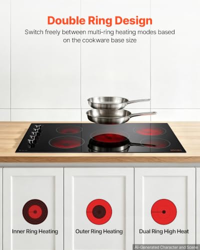 Image of VEVOR Electric Cooktop 36inch 5 Burners Stove Top 8800W 220V No Plug, Ceramic Built-in Radiant Electric Stove, with 11 Power Levels, Timer, Child Lock, Over-Heat Guard, Knob /Touch Control