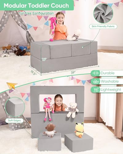Forias Kids Couch Toddler Couch Sofa for Kids, Modular Kids Foam Sofa for Playroom Bedroom, Convertible Toddler Fold Out Play Couch Set with Washable Cover