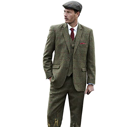 Plaid Men's Tweed Olive Green 3 Piece Suit Coat Vintage Hunting Wool Blend Blazer Pants Vest - Main Image