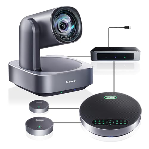 Tenveo 4K PTZ Conference Room Camera System, AI Auto-Tracking 12X Optical Zoom USB3.0 HDMI PTZ Camera and Bluetooth Speakerphone with 2 Expansion Mics Kit Wide Angle for Large Room Meetings by Tenveo - Used condition - US$552.56