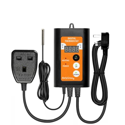 EarlyGrow Digital Temperature Controller with LED Display - Precise Heat Control for Seed Propagation, Greenhouse, Vivarium & More - Plug & Play Thermostat with 1000W Capacity for Mats & Heaters