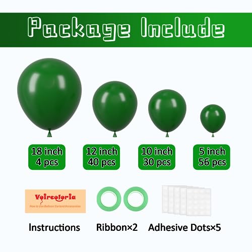 Image of Voircoloria 130pcs Dark Green Balloons Different Sizes 18 inch 12 inch 10 inch 5 inch Hunter Green Balloons for Birthday Dinosaur Baby Shower St. Patrick's Day Summer Jungle Forest Safari Party Decorations