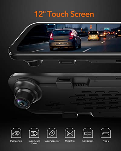 WOLFBOX G840S 12" 4K Mirror Dash Cam Backup Camera, 2160P Full HD Smart Rearview Mirror for Cars & Trucks, Front and Rear View Dual Cameras, Night Vision, Parking Assistance, Free 32GB Card & GPS