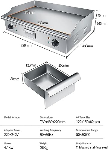 Piastra per barbecue da banco con piastra calda, 4400 W, in acciaio inox Teppanyaki, con doppio controllo della temperatura 50-300 ℃ e foro per perdite di olio, per cucina e ristorante