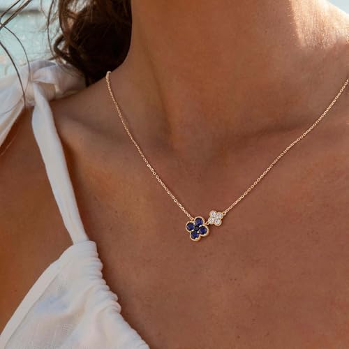 MYEARS Gold Necklace for Women Flower Pendant Sideways Double Four-leaf-clover Link Birthstone Cubic Zirconia 14K Simple Dainty Chain Floral Lucky Jewelry Gift2