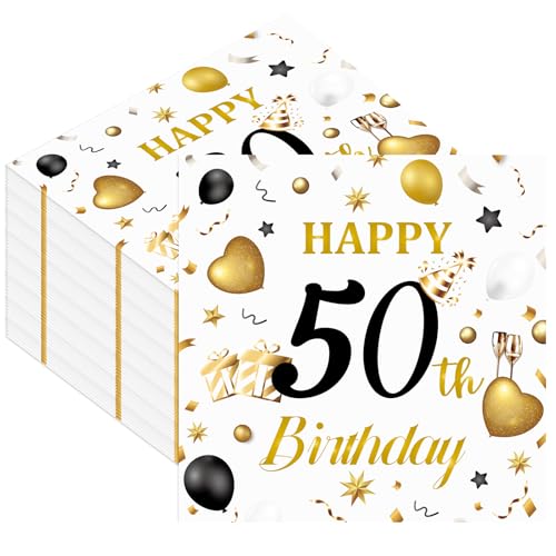 50pcs 50th Birthday Paper Napkins, White and Gold Happy Birthday Napkins Disposable Luncheon Cocktail Party Paper Beverage Napkin for Anniversary Birthday's Party Decorations, 13 x 13 Inches