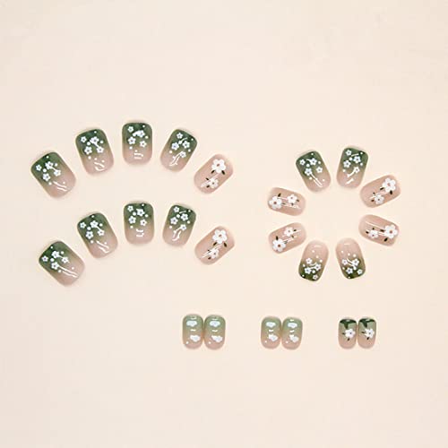 24 Pcs Press on Nails Short False Nails Green False Nails White Flower Fake Nail Glossy Fake Nails Full Cover Nails Art for Women and Girls Daily Decoration - Image 2