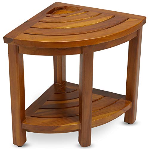 TeakCraft Teak Corner Bench with Shelf and Basket, Fully Assemble...