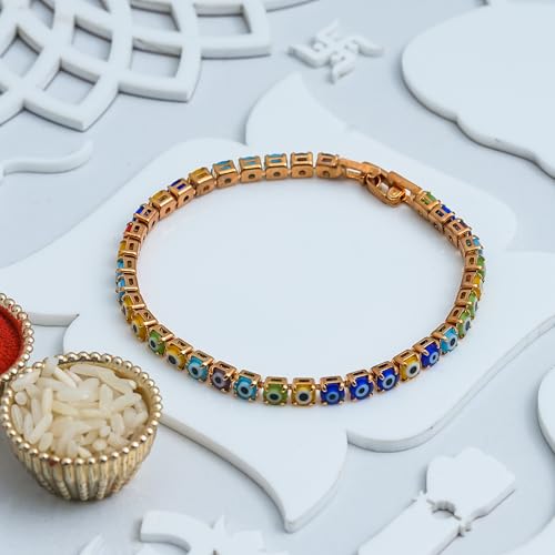 Image of eCraftIndia Multicolor Evil Eye Bracelet Rakhi with Best Bro Ever Fridge Magnet | Designer Rakhi for Brother Bhaiya Bhai Bhabhi | Roli Chawal Pack
