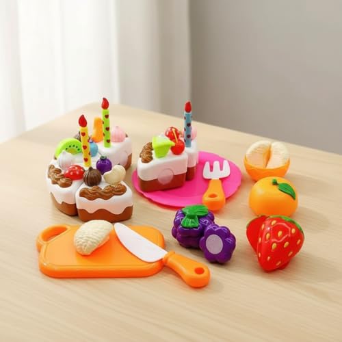 Image of PLUSPOINT DIY Chocolate Birthday Cake Cutting Toy Set for Kids, Pretend Play Kitchen Food Set with Sliceable Brown Cake & Fruit, Role Play Cooking Toys, Birthday Party Cake Model Gift for Toddler