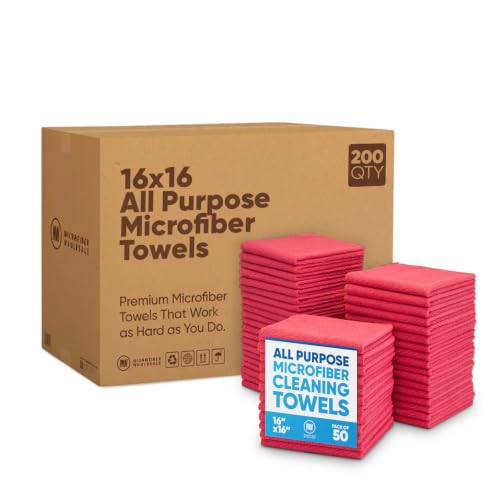 Microfiber Wholesale Bulk 16" x 16" All Purpose Towels Case Quantity (200 Count) | Large | No Fraying | High Density Microfiber | Zero Chemical Cleaner | Long-Lasting (Red)