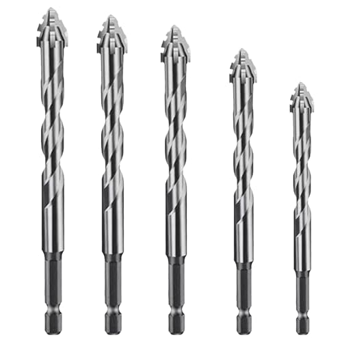 5-PCS Carbide Twist Drill Bit Set for Concrete/Masonry/Glass/Tile/Brick - 4 Flute High-Strength Drill Bits 5/32-1/2, Cement & Wood Drill Bit Kit (Industrial Strength)