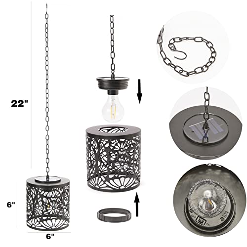 Outdoor Solar Hanging Lantern-Waterproof Porch Gazebo Patio Hanging Pendant Light Chandelier Lighting Decorative Hollow-Out Metal Lantern Auto On/Off Warm White Bulb #TOP1