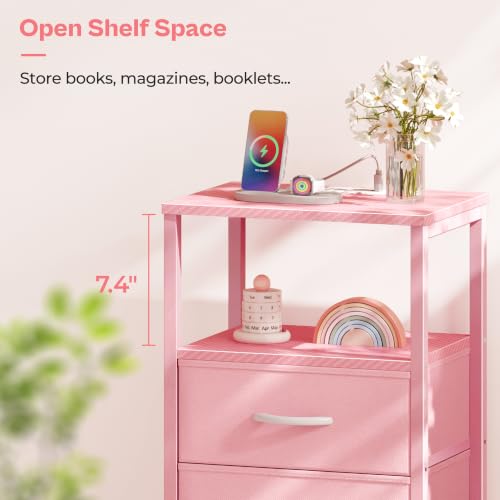 Image of Huuger Nightstand with Charging Station, Side Table with Fabric Drawers