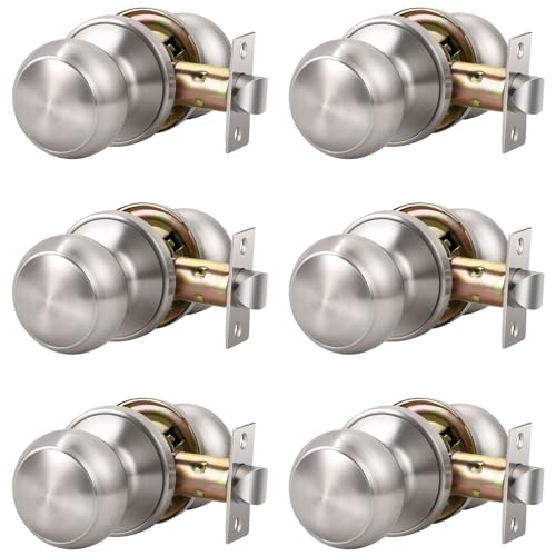 KNOBWELL 6 Pack Passage Door Knob Brushed Nickel,Round Door knob for Hall and Closet Door Knobs, Non-Locking Round Door Handle, Satin Nickel Interior Door Knob, Keyless Stainless Steel Passage Knobs