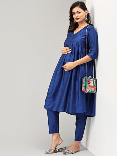 Image of The Mom Store Women's Raw Silk Maternity and Nursing Kurta Set | Front Zipper for Easy Feeding Pre and Post Pregnancy