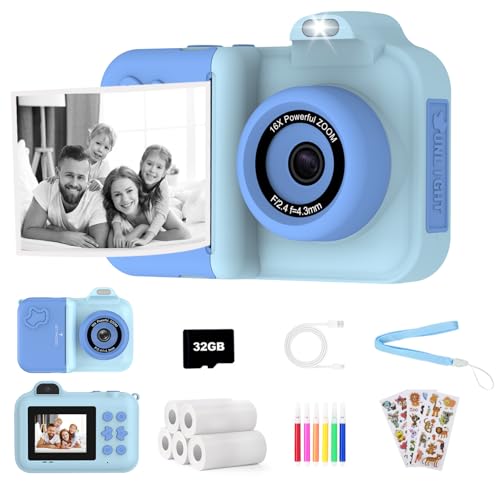 Kids Camera Instant Print, 1080P HD Dual-Lens Selfie,Toddler Digital Camera with 5 Rolls Paper & 32GB Card, Children Christmas Birthday Gifts Toys for Age 3 4 5 6 7 8 9 10 11 12 Years Old Girls Boys