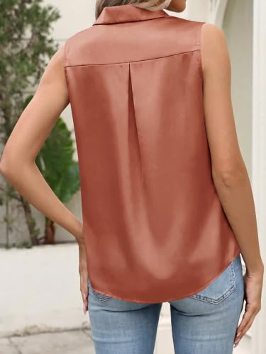 Image of Cicy Bell Womens Satin Sleeveless Button Down Shirts Work Blouse Silky Tops | V Neck, Collared Tank Tops, Professional, Office Clothes, Business Casual Outfits, Under Blazer Tops, Dress Down with Jeans