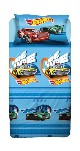 hermet Hotweels, Set Lenzuola Letto Singolo, Completo Letto Singolo Bambino, Lenzuolo Sopra, Lenzuolo Con Angoli, Federa, Azzurro, 100% Cotone, Prodotto Ufficiale