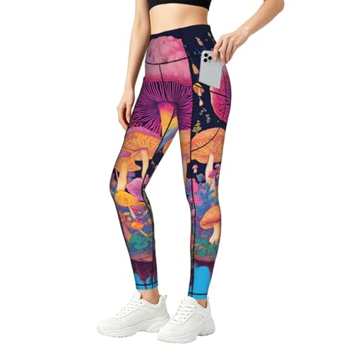 Leggings de yoga con estampado de hongos y bolsillos cargo