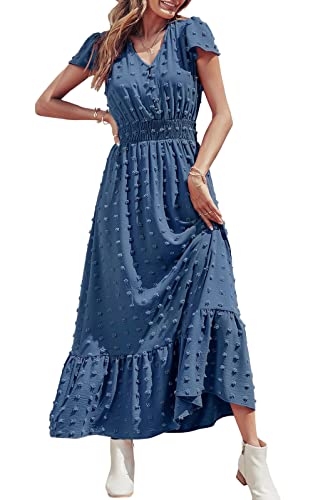 PRETTYGARDEN Womens Boho Dress Short Sleeve V Neck Ruffle Tiered Maxi Dress Swiss Dot Smocked Dress Beach Flowy Long Dress (Medium, Blue) PRETTYGARDEN Womens Boho Dress Short Sleeve V Neck Ruffle Tiered Maxi Dress Swiss Dot Smocked Dress Beach Flowy Long Dress (Medium, Blue)