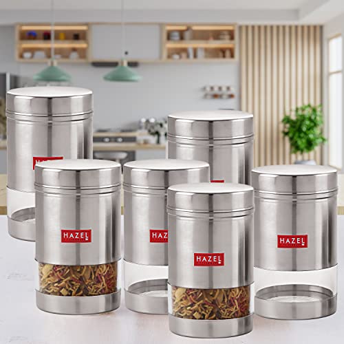 Image of HAZEL Stainless Steel Kitchen Container | 1200 ml Each Transparent Kitchen Container Set with Glossy Finish | Multipurpose Airtight Container for Kitchen Storage organizer, Set of 6