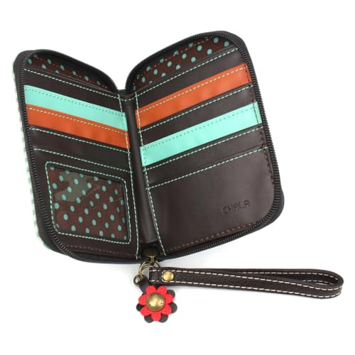 Image of CHALA Zip Around Wallet, Wristlet, 8 Credit Card Slots, Sturdy Pu Leather - Bus - teal stripe