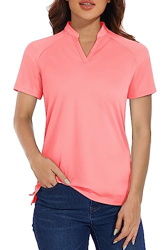 Magcomsen Women's Golf Polo Shirts V-Neck Upf 50+ Casual T-Shirts Quick Dry Short Sleeve Collarless Shirts Pink 2Xl #TOP14