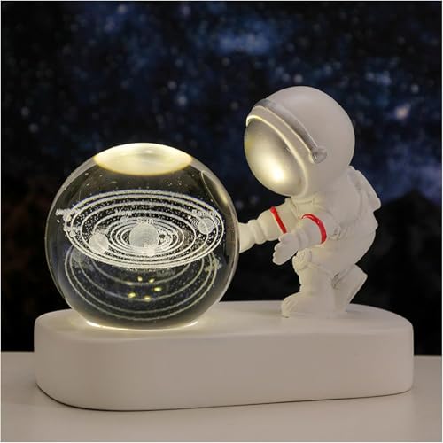 MCHERRY Luce notturna a sfera di cristallo astronauta, sfera di cristallo galassia 3D con base luminosa a LED, luce notturna come regalo di compleanno per bambini, classe energetica F (sistema solare)