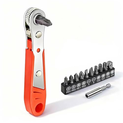 Mini Ratchet Screwdriver Set 1/4 Right Angle Wrench with 10 Bits (Red)
