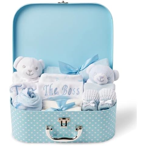 Personalised Baby Boy Gifts - Newborn Baby Boy Gift Hamper Includes Personalised Baby Bear Comforter and Embroidered Bodysuit, Baby Clothes and Teddy Bear Rattle in a Blue Keepsake Box Cover