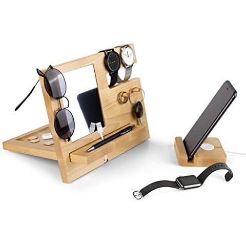 Wood Phone Docking Station - Men Birthday for Dad Husband Him from Wife - Wallet Stand Watch Organizer - Compatible with iPhone iWatch AirPods - with Mirror - Cell Phone Stand in Set Cover