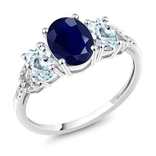 Gem Stone King 2.70 Cttw 10K White Gold Oval Blue Sapphire Sky Blue Aquamarine and Diamond Accent 3-Stone Engagement Ring | 3 Stone Wedding Anniversary Promise Ring For Women