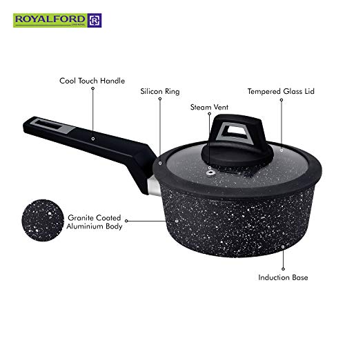 Royalford Chef Art Aluminium Cookware Set, 7 Pieces, Black, RF9557, Scratch Resistant, Tempered Glass Lids, 2.5MM Body Thickness, Bakelite Knobs, and CD Bottom