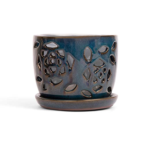 rePotme Orchid Pot - 5 inch Floral Cutout Ceramic Orchid Pot with Holes (Teal Jade) - includes Matching 5 inch Slotted Orchid Pot Liner