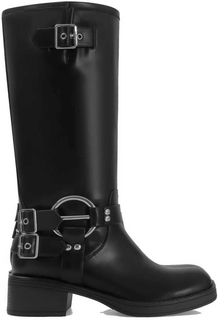 Knee High Boots for Women Square Toe Wide Calf Pull On Riding Buckles Boots Chunky Low Heel Biker Riding Boots - Image 4