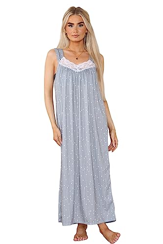 STAR FASHION GLOBAL LTD Ladies Nightwear V Neck Plain Lace Front Sleeveless Long Nightdress UK 8-26 (Grey, 8-10)