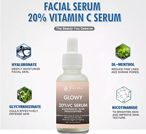 Glowy 20% Vitamin C Serum, Lactobionic Acid, Niacinamide, Ferulic Acid, Aloe Vera. High Purity Hyaluronic Acid, For A Silkier & Healthier Skin #TOP1