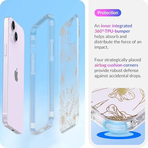 LONLI Hue Case for iPhone 14 - [360° Shock-Absorbent Bumper] - [Cute and Unique Phone Cover for Girls and Women] - Gold Floral